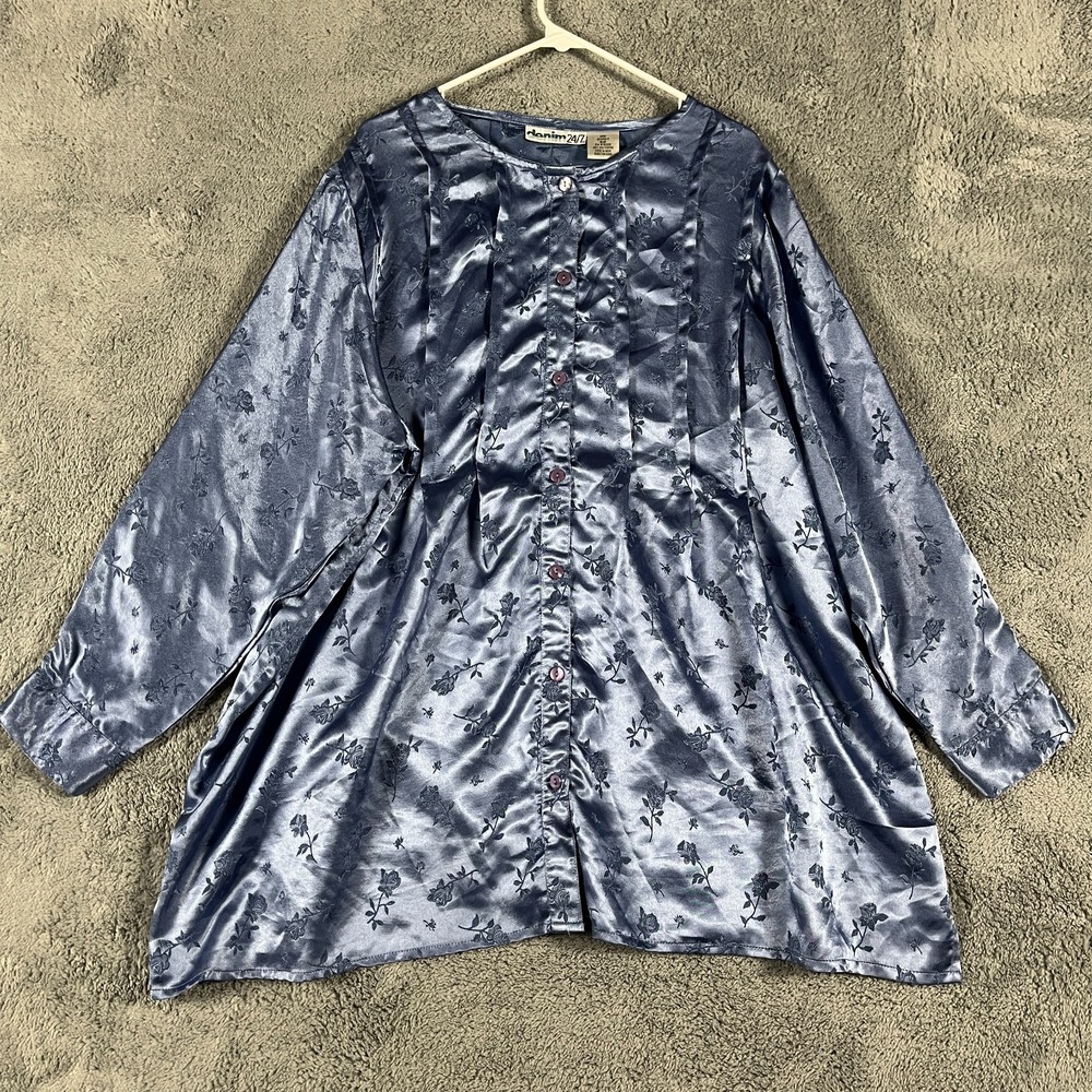 Denim 24/7 Blouse Top Womens 24W Blue Satin Rose Floral Print Boho Button Front